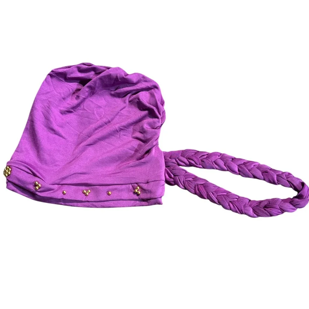 Purple Braided Turban Head Wrap Gold Beaded Stud Accents Polyester Jersey Beanie